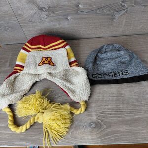 Minnesota Gophers Winter Hats Lot of 2 Adult Gold Maroon Beanie Ear Flaps Tassel